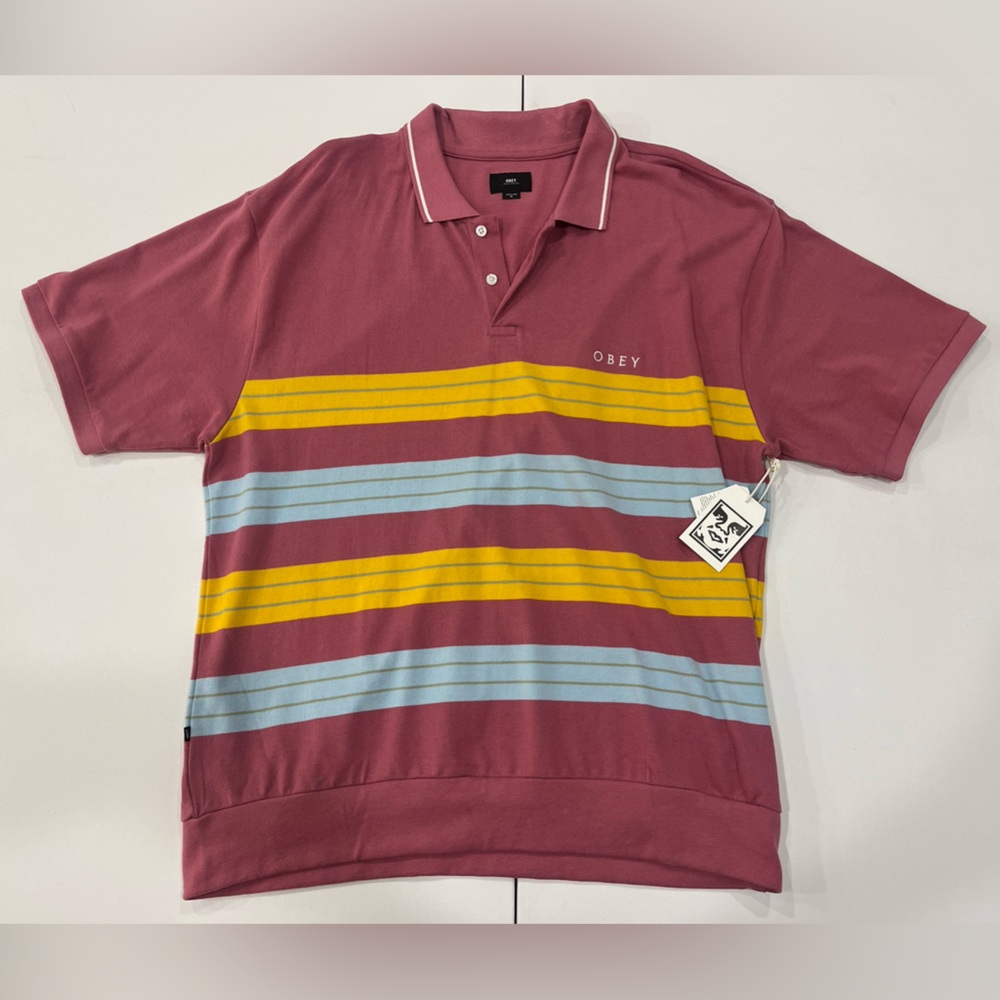 SOLD OBEY Polo Shirt Cotton Striped Color Block Pink Yellow Blue Men’s XL NWT